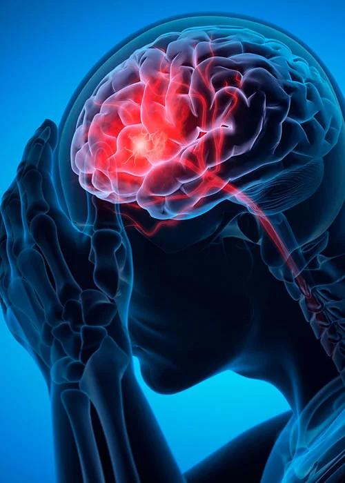 Illustration of a person holding their head with the brain highlighted in red